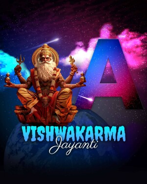 Digital art depicting Lord Vishwakarma with the letter 'A' and a cosmic background for Vishwakarma Jayanti.