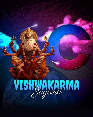 Digital art depicting Lord Vishwakarma with a large letter 'C' and cosmic background