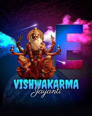 Digital art depicting Lord Vishwakarma with a large letter 'E' and the text 'Vishwakarma Jayanti'.