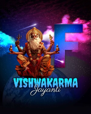 Digital art depicting Lord Vishwakarma with a large letter 'F' and cosmic background for Vishwakarma Jayanti