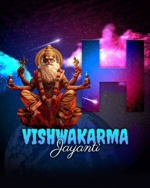 Digital art depicting Lord Vishwakarma with the text 'Vishwakarma Jayanti' and a large letter 'H'.