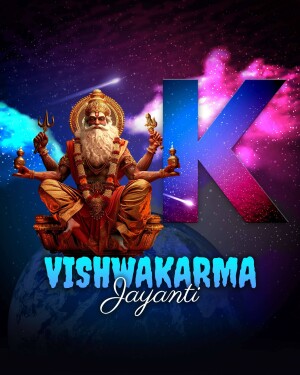 Digital art depicting Lord Vishwakarma with a large 'K' and the text 'Vishwakarma Jayanti'.