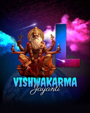 Digital art depicting Lord Vishwakarma against a cosmic background with the text 'Vishwakarma Jayanti'.