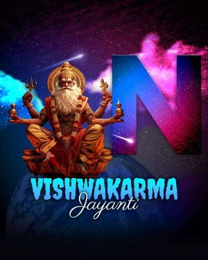 Digital art depicting Lord Vishwakarma with the letter 'N' and a cosmic background for Vishwakarma Jayanti.
