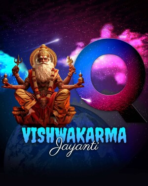 Digital art depicting Lord Vishwakarma with a cosmic background and text 'Vishwakarma Jayanti'