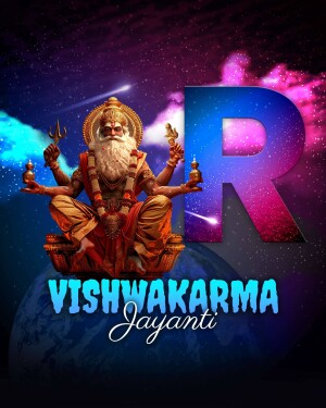 Digital art depicting Lord Vishwakarma against a cosmic background with the letter 'R' and text 'Vishwakarma Jayanti'