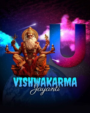 Digital art depicting Lord Vishwakarma with the text 'Vishwakarma Jayanti'