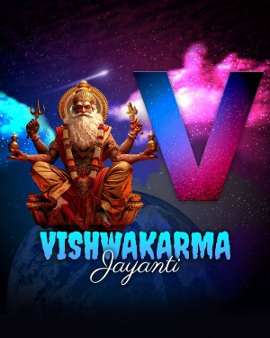 Digital art depicting Lord Vishwakarma with the letter 'V' and the text 'Vishwakarma Jayanti'