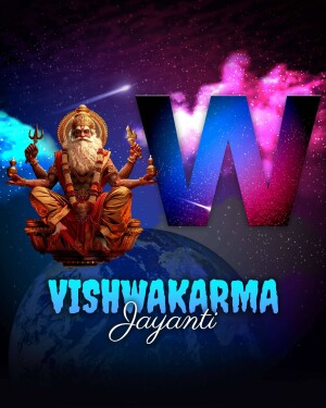 Image depicting Lord Vishwakarma with the letter 'W' and text 'Vishwakarma Jayanti'