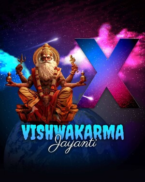 Poster depicting Lord Vishwakarma with a large 'X' and the text 'Vishwakarma Jayanti'