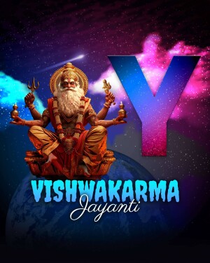 Digital art depicting Lord Vishwakarma with the letter 'Y' and a cosmic background for Vishwakarma Jayanti.
