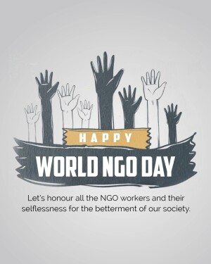 Illustration of diverse hands reaching up with a banner reading 'Happy World NGO Day'