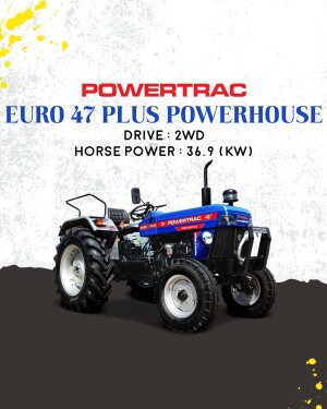 Blue Powertrac Euro 47 Plus Powerhouse 2WD tractor with detailed specifications.