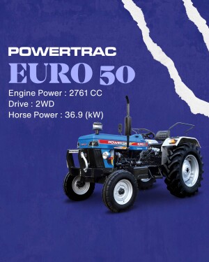Blue and white Powertrac Euro 50 tractor with engine specifications