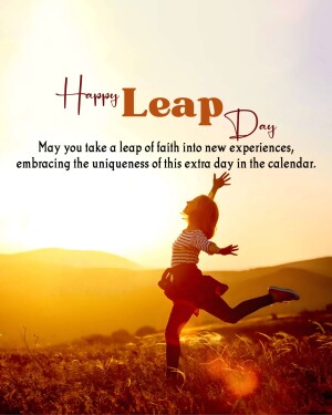 Silhouette of a girl jumping against a sunset background with 'Happy Leap Day' text.
