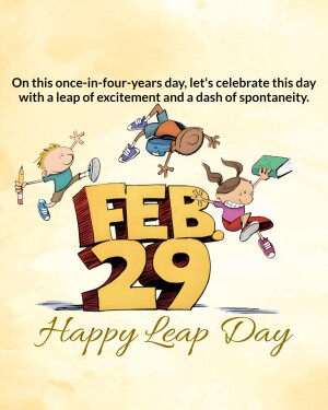 Cartoon illustration of children celebrating Leap Day with the text 'FEB 29' and 'Happy Leap Day'.