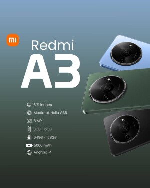 Redmi A3 smartphone in multiple colors with specifications