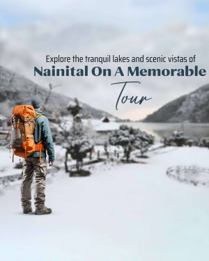 Backpacker standing on a snowy road overlooking a lake in Nainital, India.
