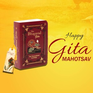 Image of The Bhagavad Gita book with a Mahotsav greeting.