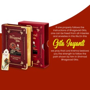 Bhagavad Gita book in a decorative box with text celebrating Gita Jayanti
