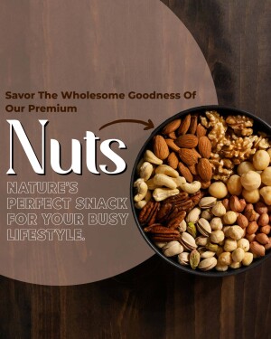 A bowl of mixed nuts on a wooden surface with text promoting them as a healthy snack.