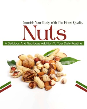 Assortment of nuts with text promoting their nutritional benefits