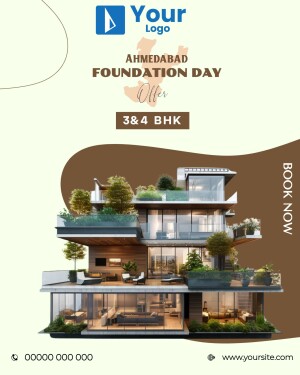 Real estate advertisement for Ahmedabad Foundation Day offering 3 & 4 BHK homes with a modern villa design.