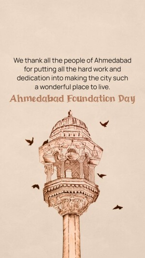 Sketch of a historical building with birds flying around, celebrating Ahmedabad Foundation Day.
