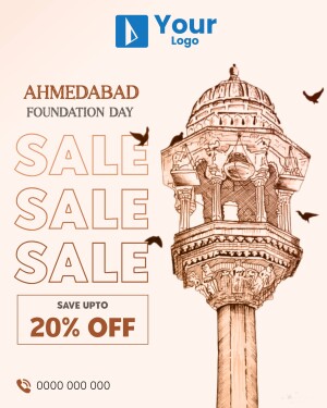 Ahmedabad Foundation Day Sale poster with a sketch of a minaret and birds