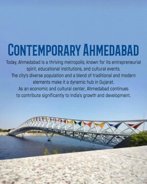 Image of the Science City Bridge in Ahmedabad with text about the city's growth.