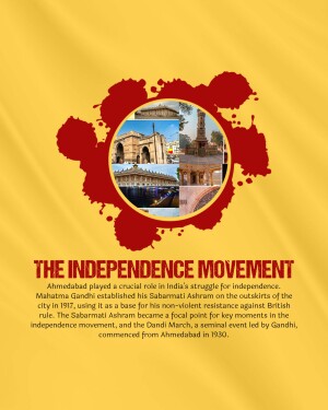 Poster depicting the Indian Independence Movement with images of Sabarmati Ashram and Gandhi.
