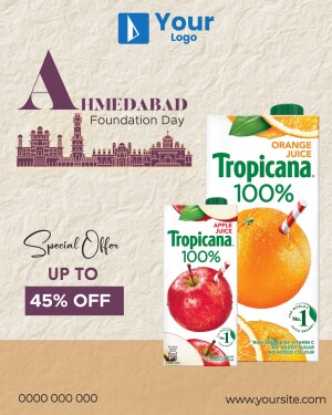 Promotional image for Ahmedabad Foundation Day with Tropicana juice offer.