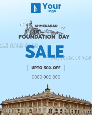 Ahmedabad Foundation Day Sale advertisement with historical landmarks