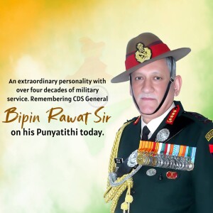 Portrait of General Bipin Rawat with text commemorating his Punyatithi
