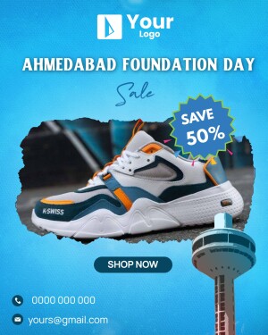 Advertisement for Ahmedabad Foundation Day sale featuring shoes and city skyline.