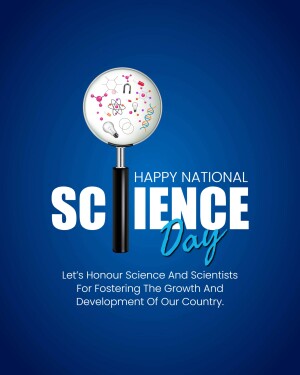 Magnifying glass over science-related imagery with text 'Happy National Science Day'
