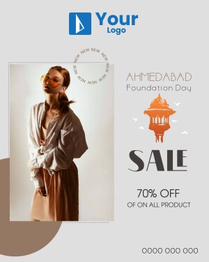 Promotional poster for Ahmedabad Foundation Day sale featuring a stylish woman and sale details.