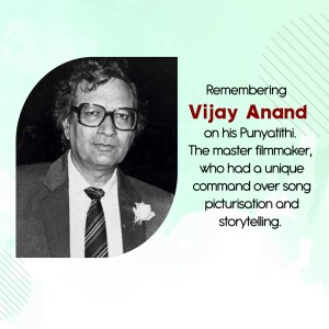 Black and white portrait of Vijay Anand with text commemorating his Punyathithi.