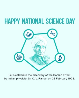 National Science Day greeting featuring C.V. Raman and science icons
