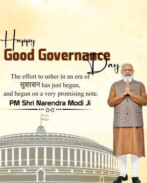 Image depicting Narendra Modi celebrating Good Governance Day with a message and the Indian Parliament in the background.