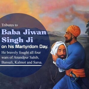 Portrait of Baba Jiwan Singh Ji with a depiction of a historical scene