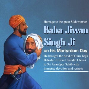 Portrait of Baba Jiwan Singh Ji carrying the head of Guru Tegh Bahadur Ji