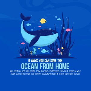 Illustration of a whale and fish with text promoting ocean conservation.