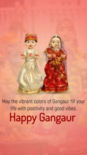 Traditional Indian dolls celebrating Gangaur festival with a festive greeting.