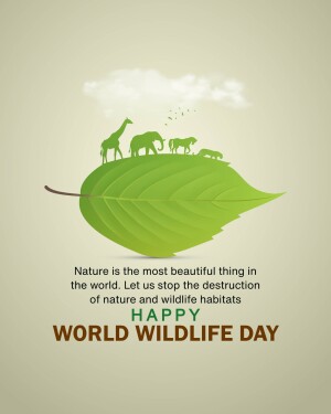 Illustration of wildlife silhouettes on a green leaf with text celebrating World Wildlife Day.