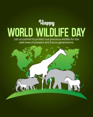 World Wildlife Day illustration with giraffe, elephant, rhino, and antelope