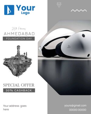 Promotional poster for Ahmedabad Foundation Day with VR headset and city landscape