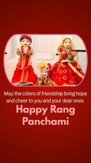 Traditional Indian dolls dressed as a bride and groom with a child, celebrating Rang Panchami