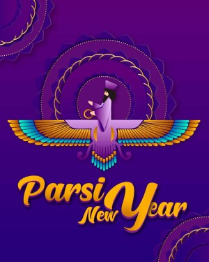 Illustration of a winged figure with the text 'Parsi New Year'
