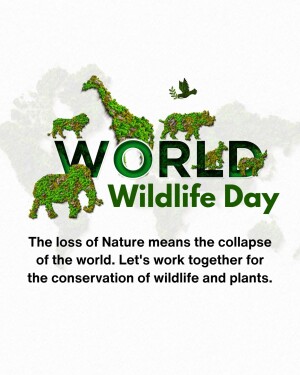World Wildlife Day graphic with animals formed from leaves and a world map background.